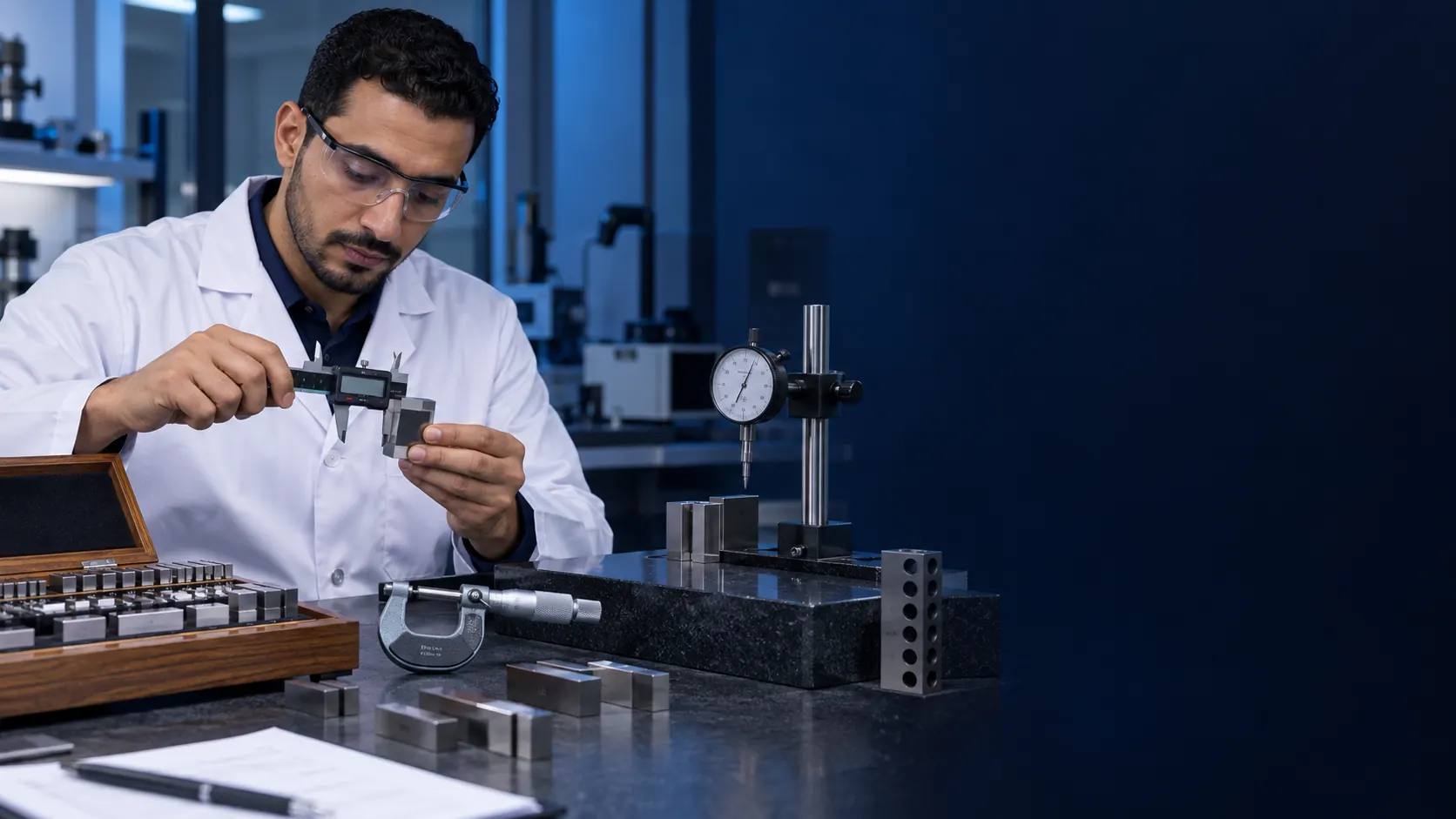 Egyptian technician performing dimensional calibration